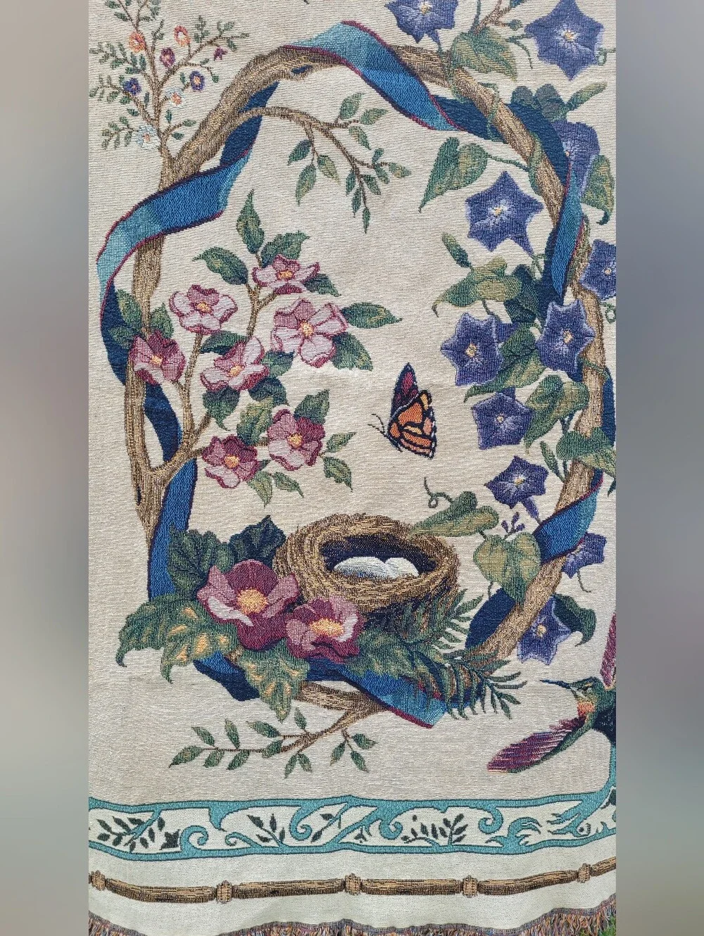 Vintage Hummingbird Tapestry Throw Blanket Floral Butterfly Cottagecore